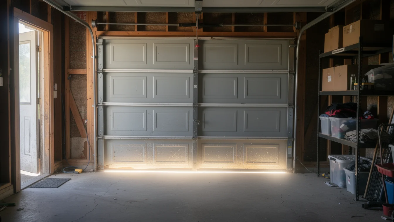 A closed gray garage door with a bright light shining underneath it.