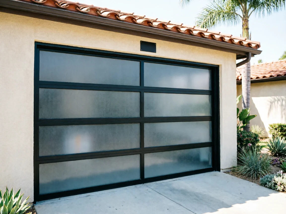 The modern garage door has frosted glass panels and a black frame.