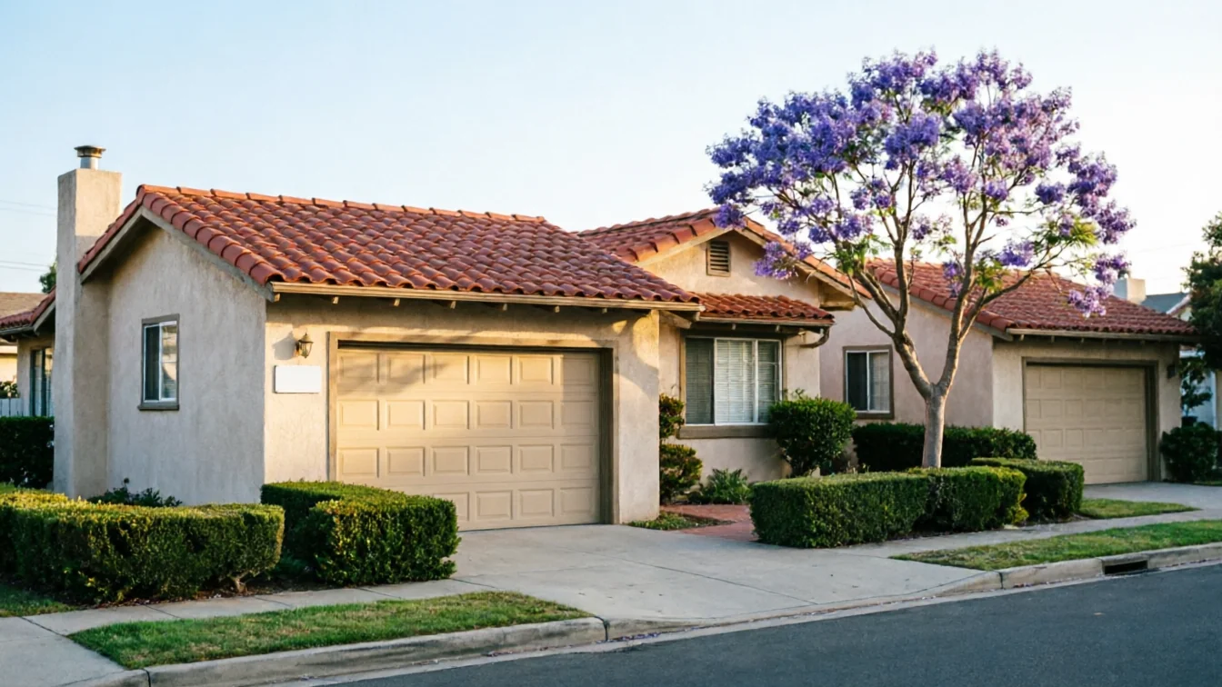 A house with two beige garage doors, a red tile roof, and a purple flowering tree.