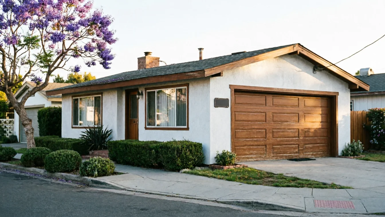 A white house with a brown garage door and a purple flowering tree.