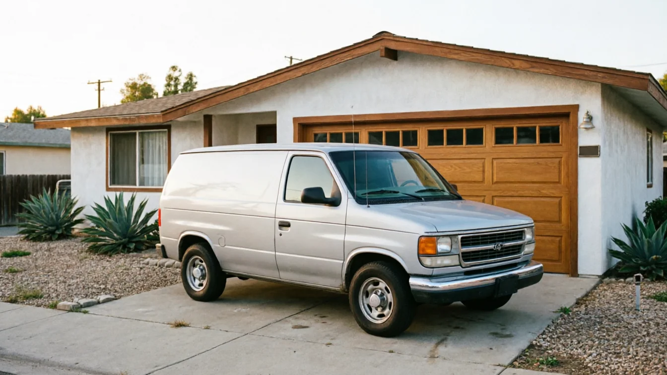 A silver van is parked in a driveway in front of a house with a wooden garage door.