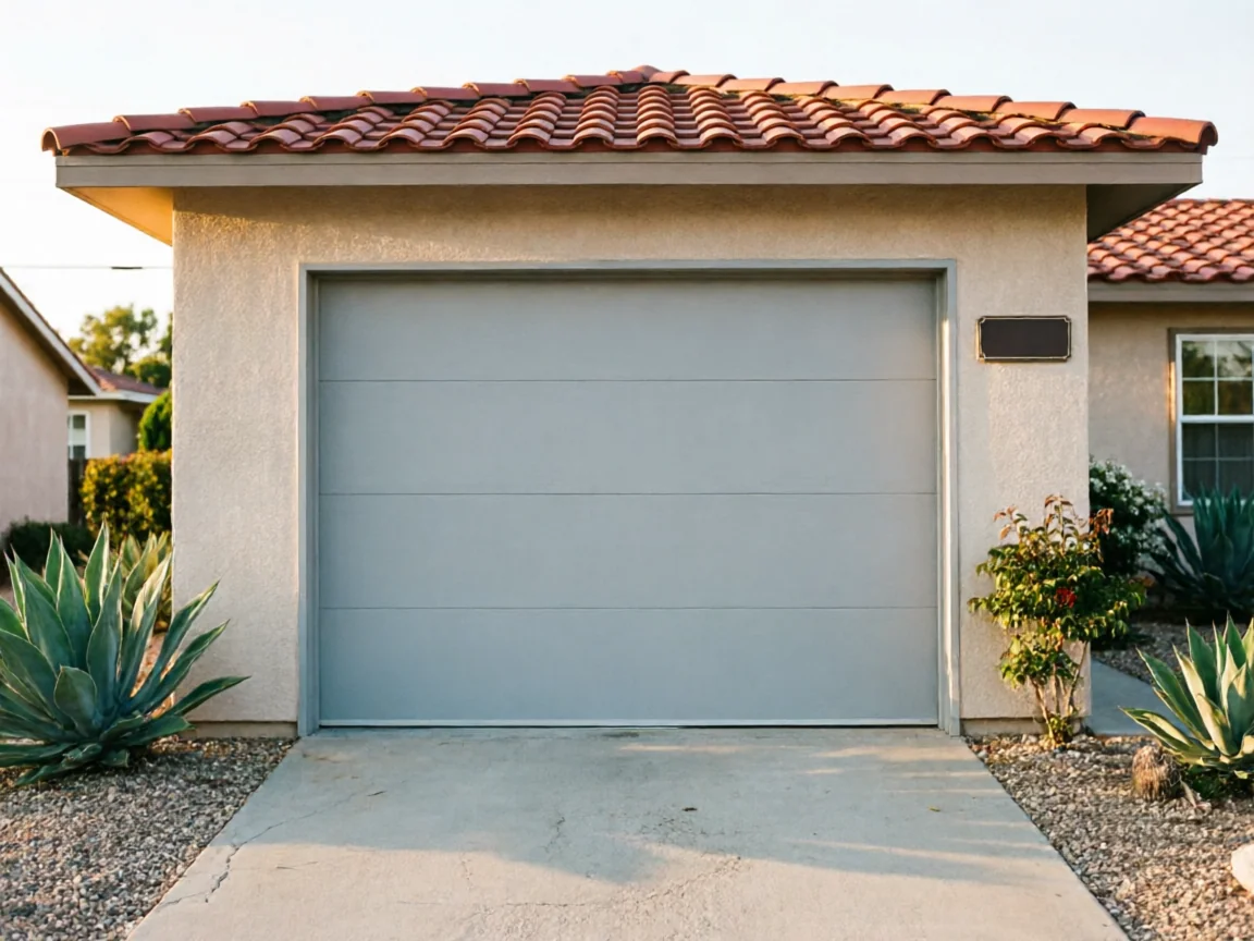 A light gray garage door is on a stucco house with a red tile roof.