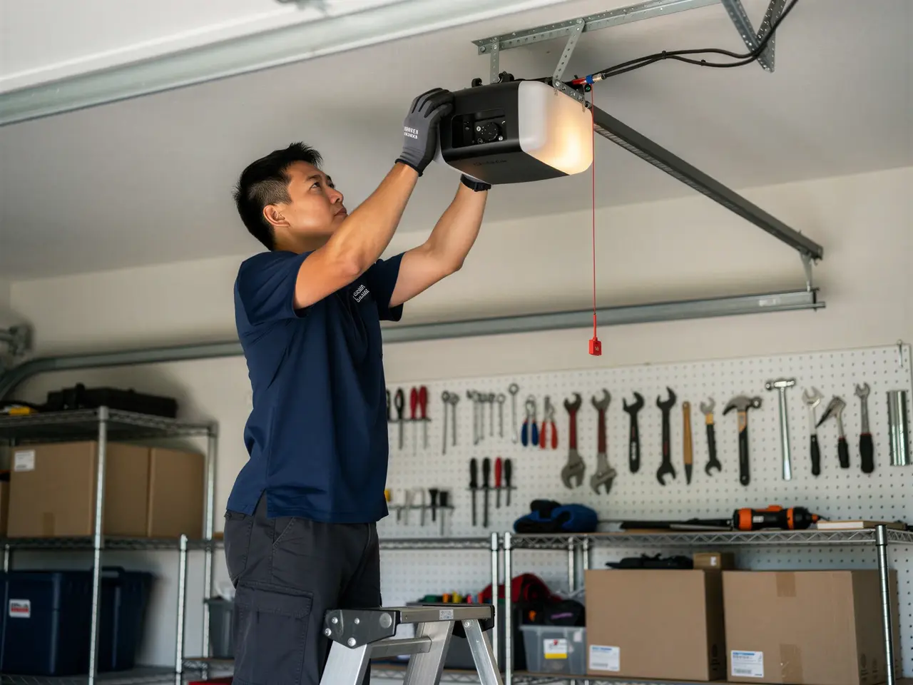 A technician on a ladder installs a garage door opener.