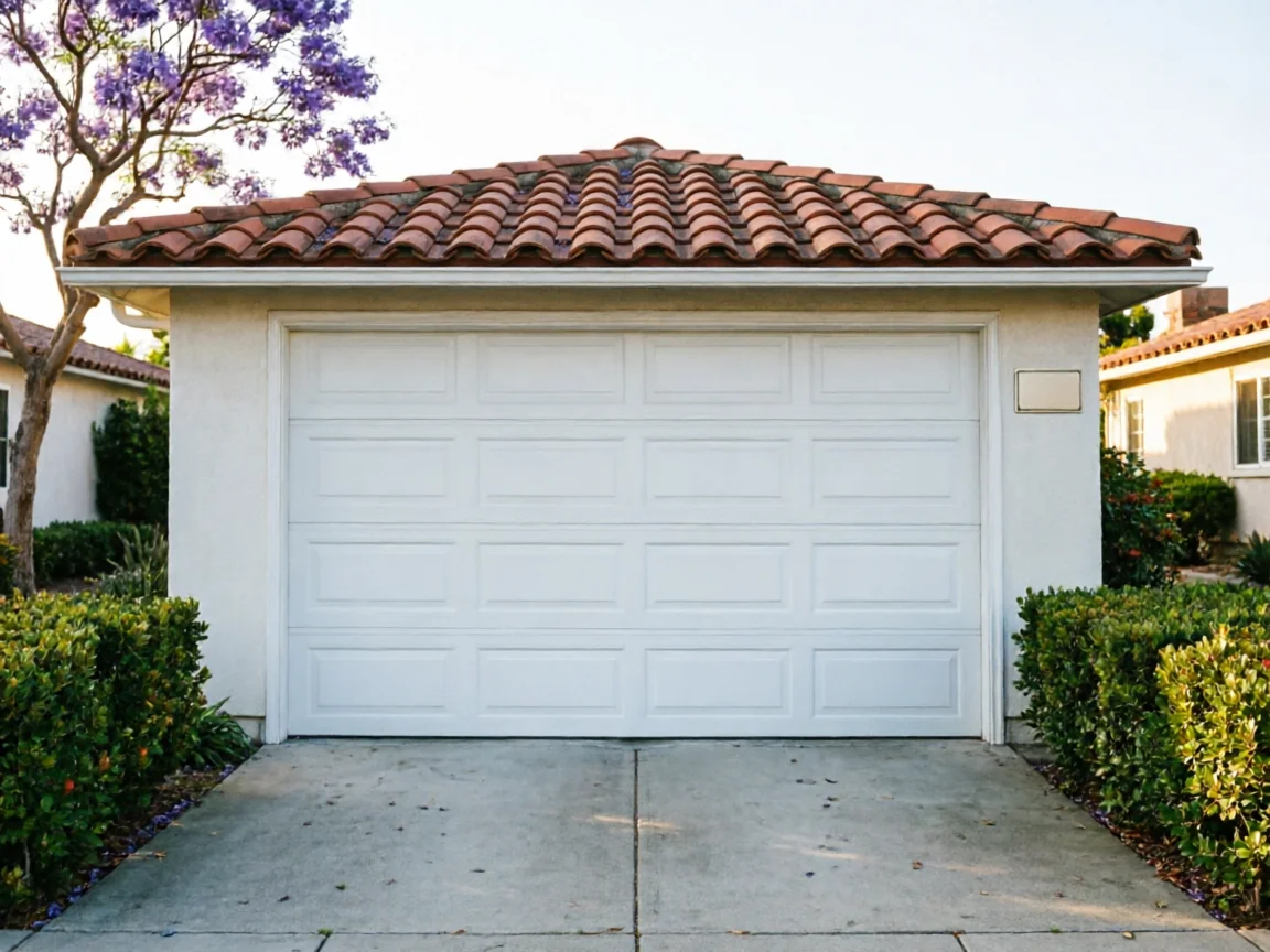 A white garage door with panels is on a stucco garage with a red tile roof.