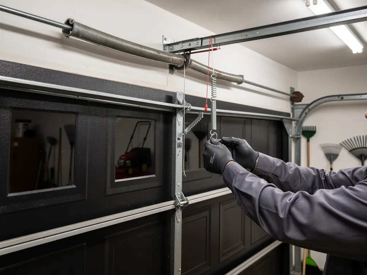 A technician in black gloves is working on a garage door spring.
