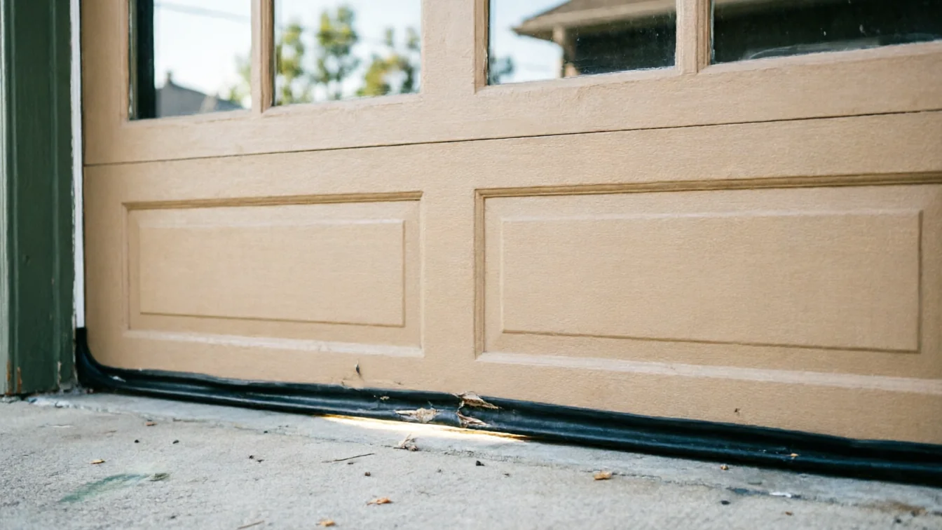 The bottom of a beige garage door has a damaged weather seal.