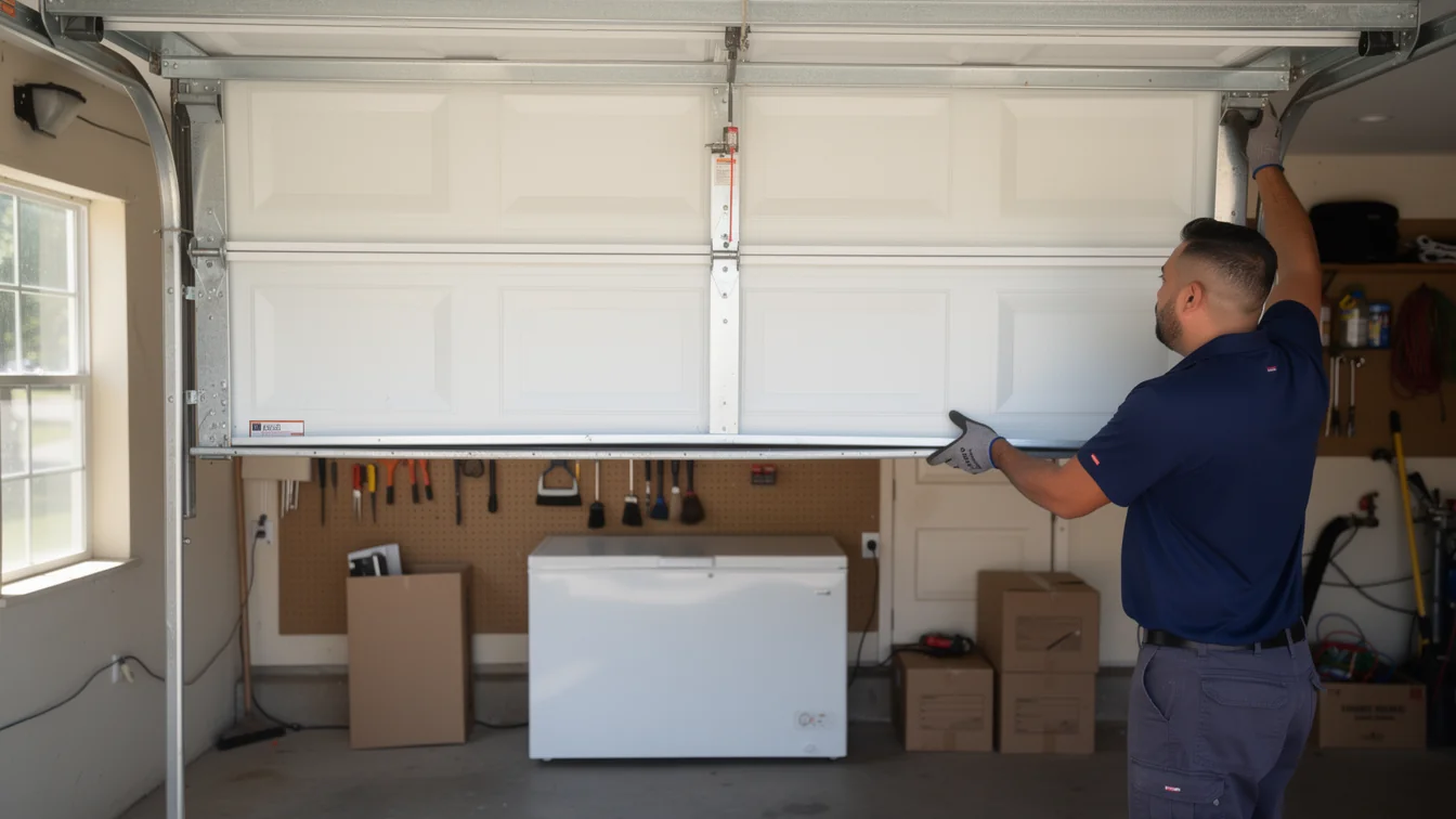 A technician in a blue shirt is working on a white garage door.