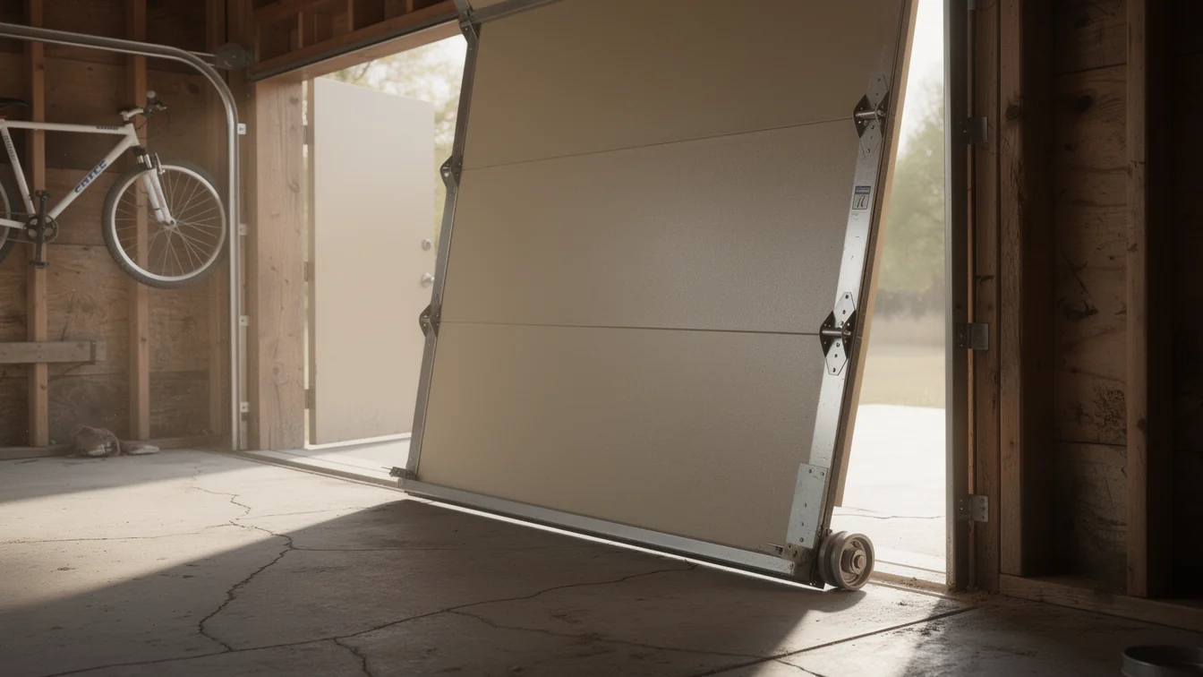 A beige garage door is partially open with a bicycle hanging on the wall.